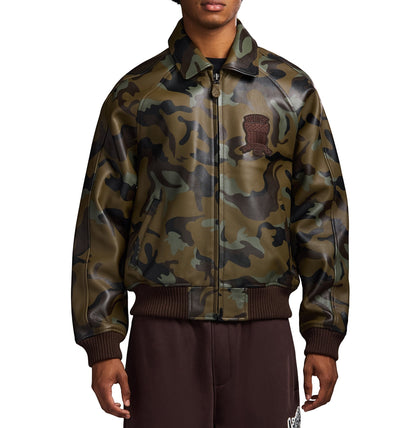 OFFCODE.USA Limited Edition Camo Icon Bomber Jacket in 100% goat leather with tonal camo print and logo details.