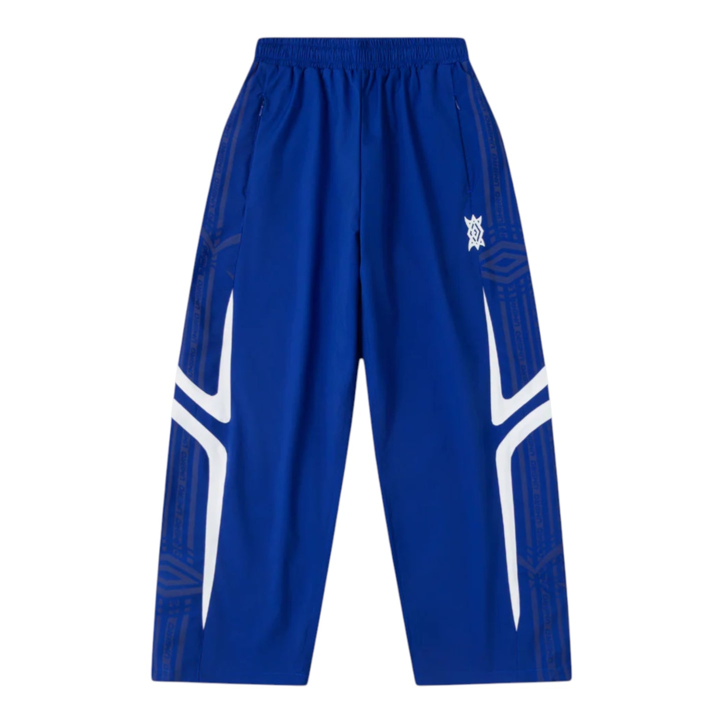 OFFCODE.USA MERTRA x Umbro technical track pants in royal blue with white and grey graphic accents on the sides.