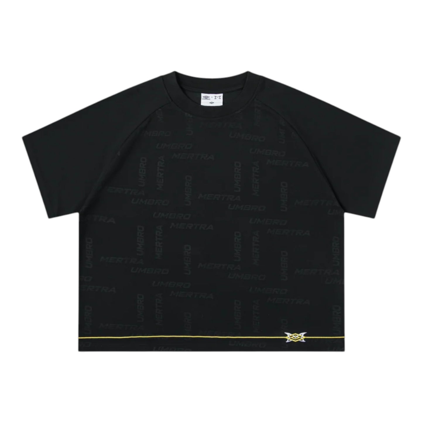 OFFCODE.USA MERTRA x Umbro training tee in black with all-over logo print and blue accents.