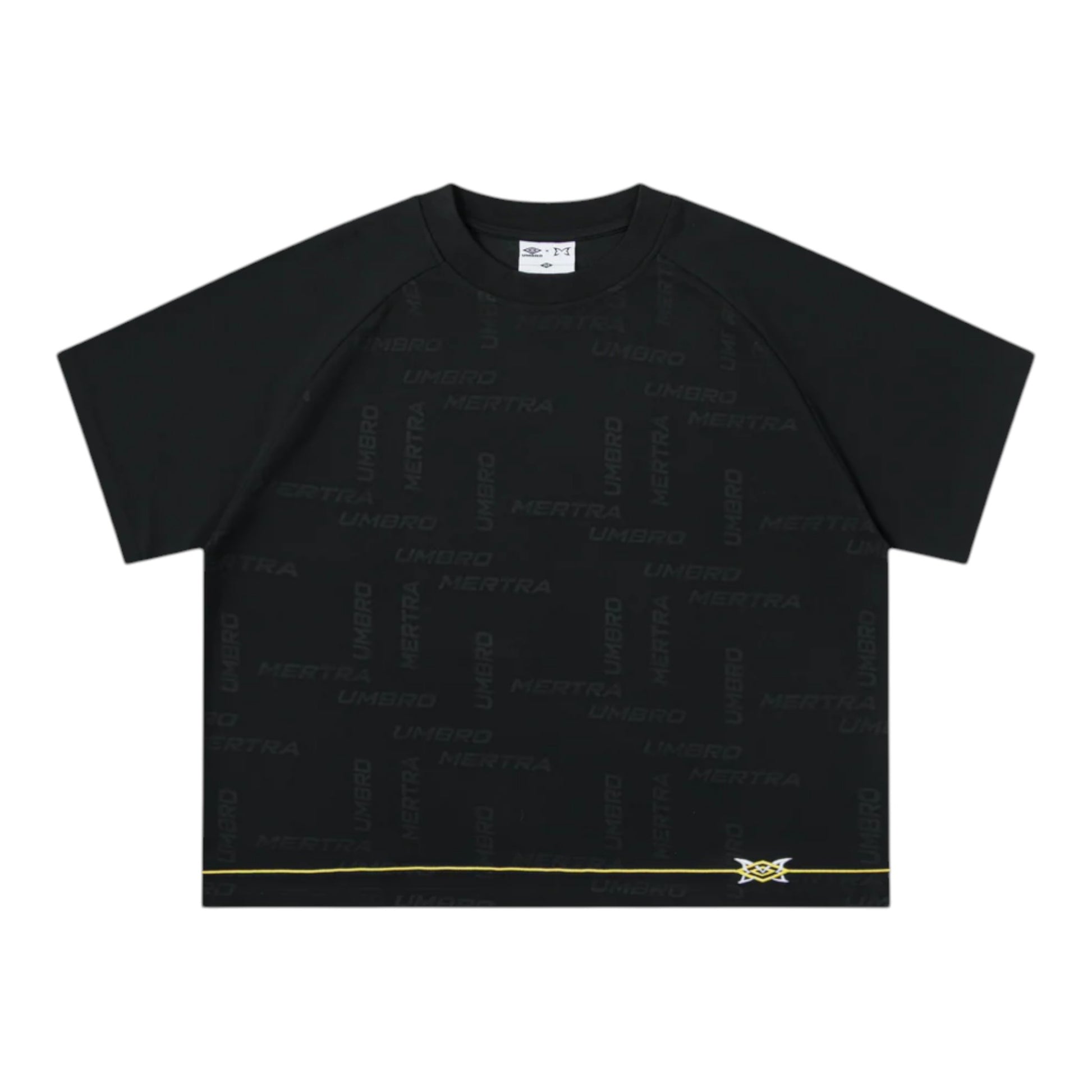 OFFCODE.USA MERTRA x Umbro training tee in black with all-over logo print and blue accents.