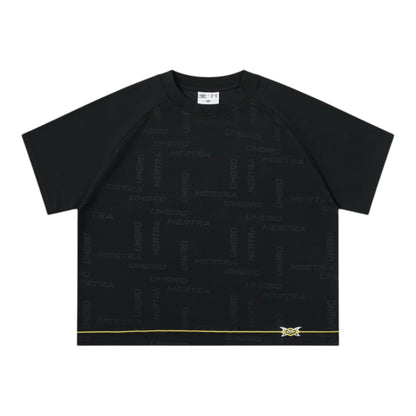 OFFCODE.USA MERTRA x Umbro training tee in black with all-over logo print and blue accents.