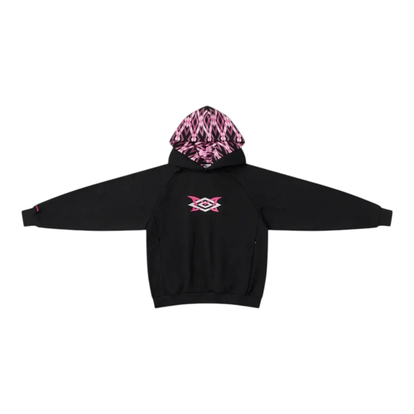 OFFCODE.USA MERTRA x Umbro Warm Up Hoodie in black with pink geometric pattern lining the hood and a pink logo on the chest.