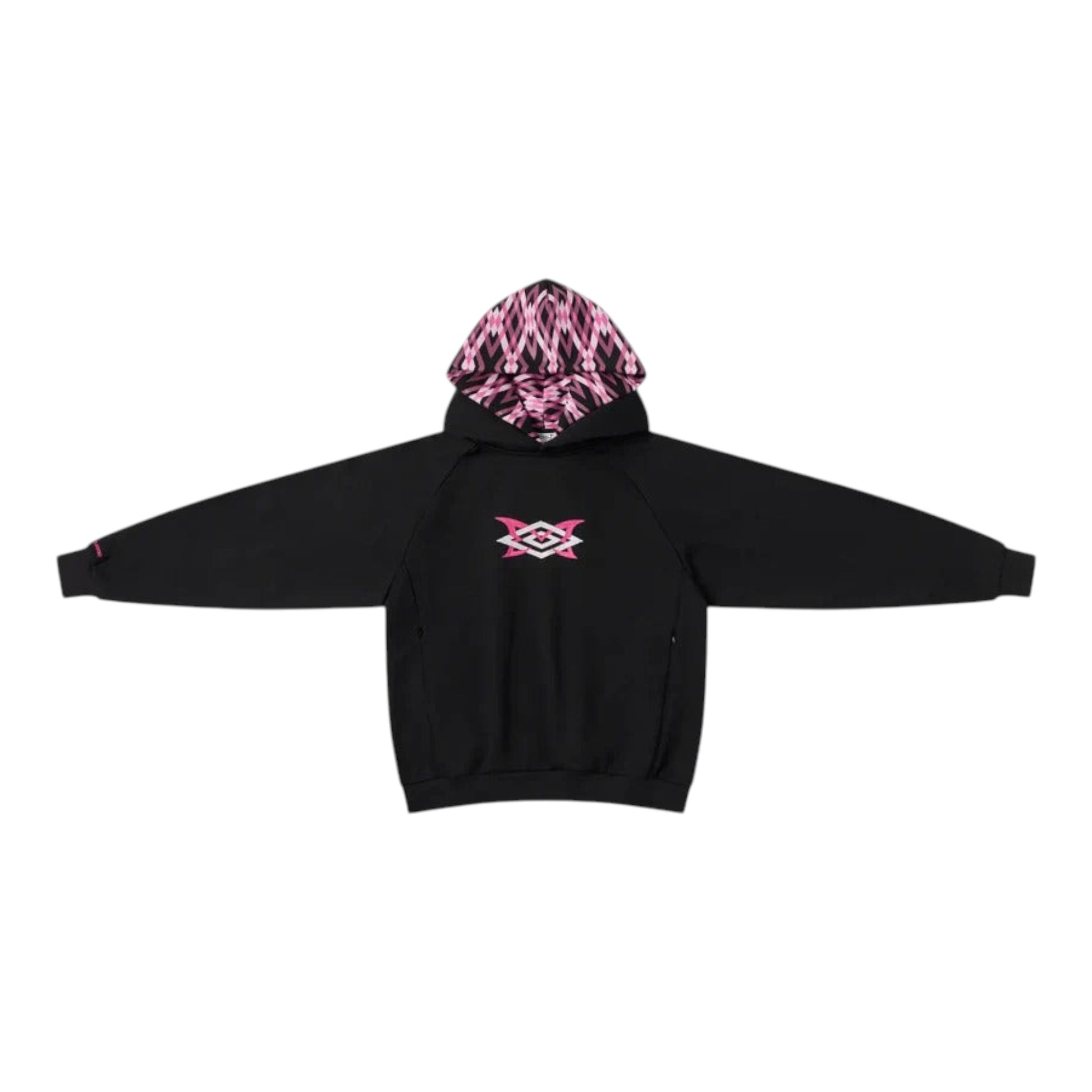 OFFCODE.USA MERTRA x Umbro Warm Up Hoodie in black with pink geometric pattern lining the hood and a pink logo on the chest.