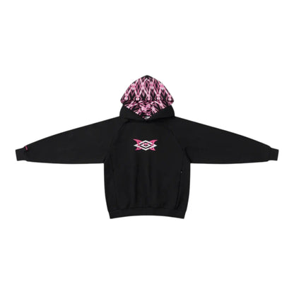 OFFCODE.USA MERTRA x Umbro Warm Up Hoodie in black with pink geometric pattern lining the hood and a pink logo on the chest.