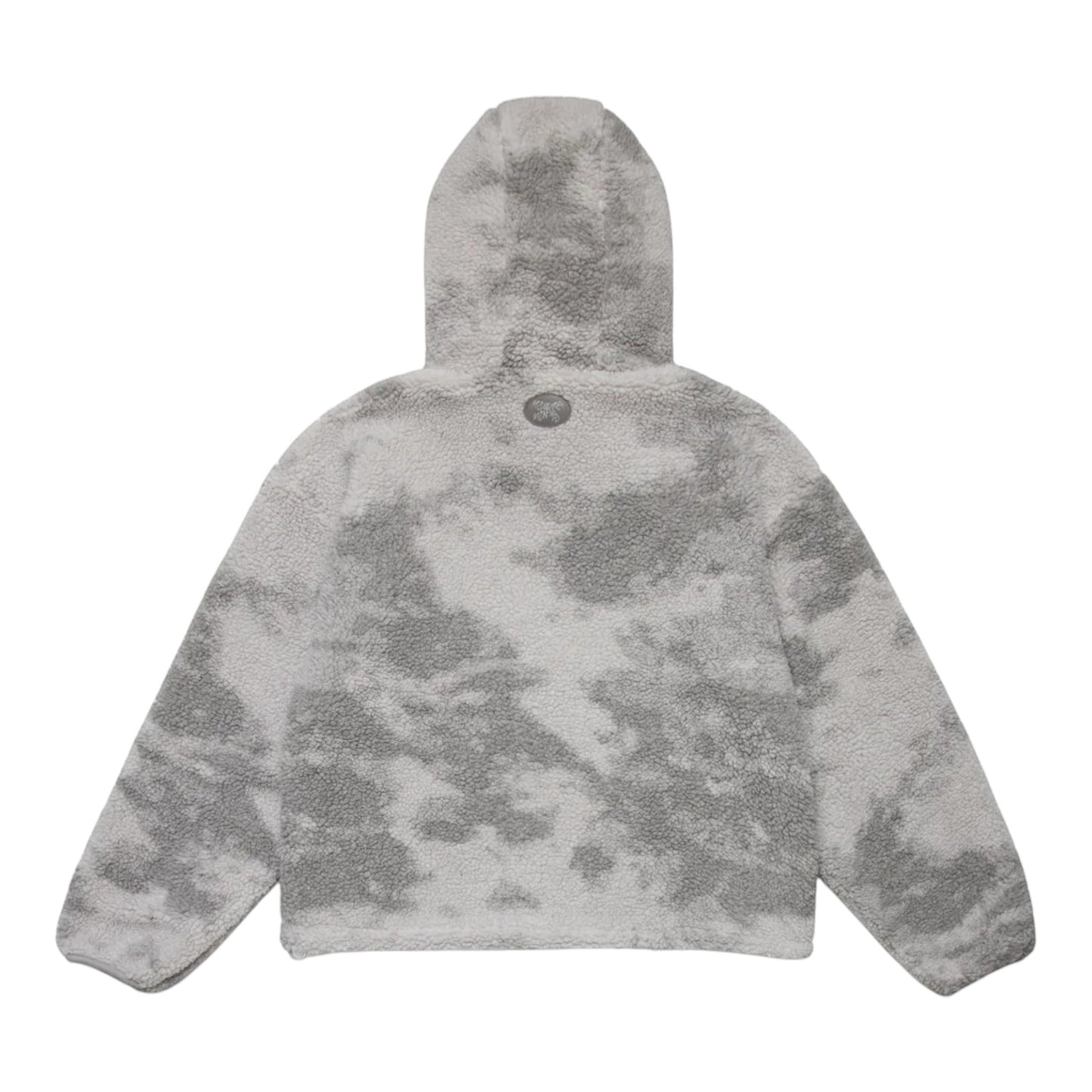 OFFCODE.USA Ninja Fleece hoodie in wolf grey with a tie-dye pattern and fuzzy texture.