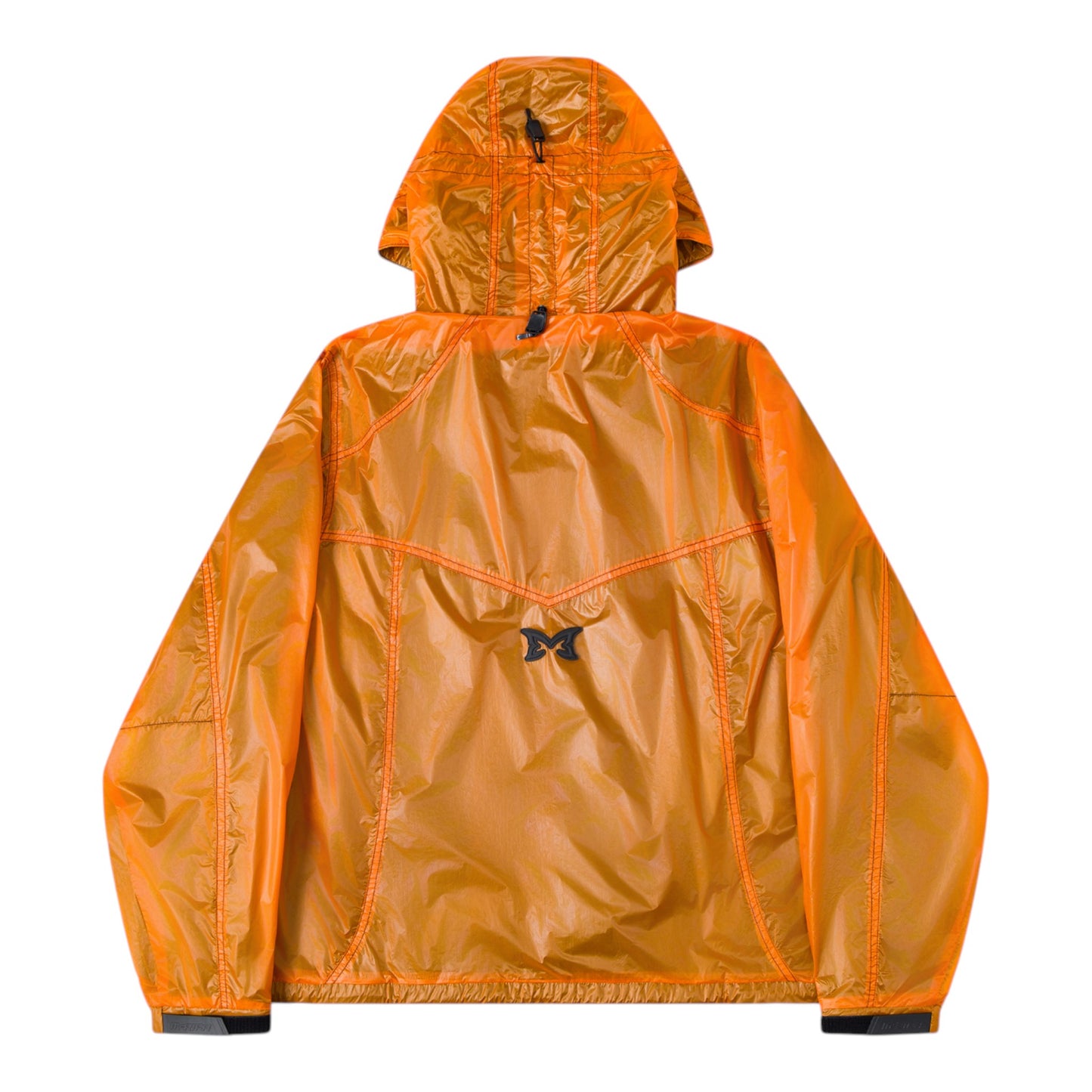 OFFCODE.USA orange translucent nylon jacket with mesh lining, hood toggles, and applique logo.
