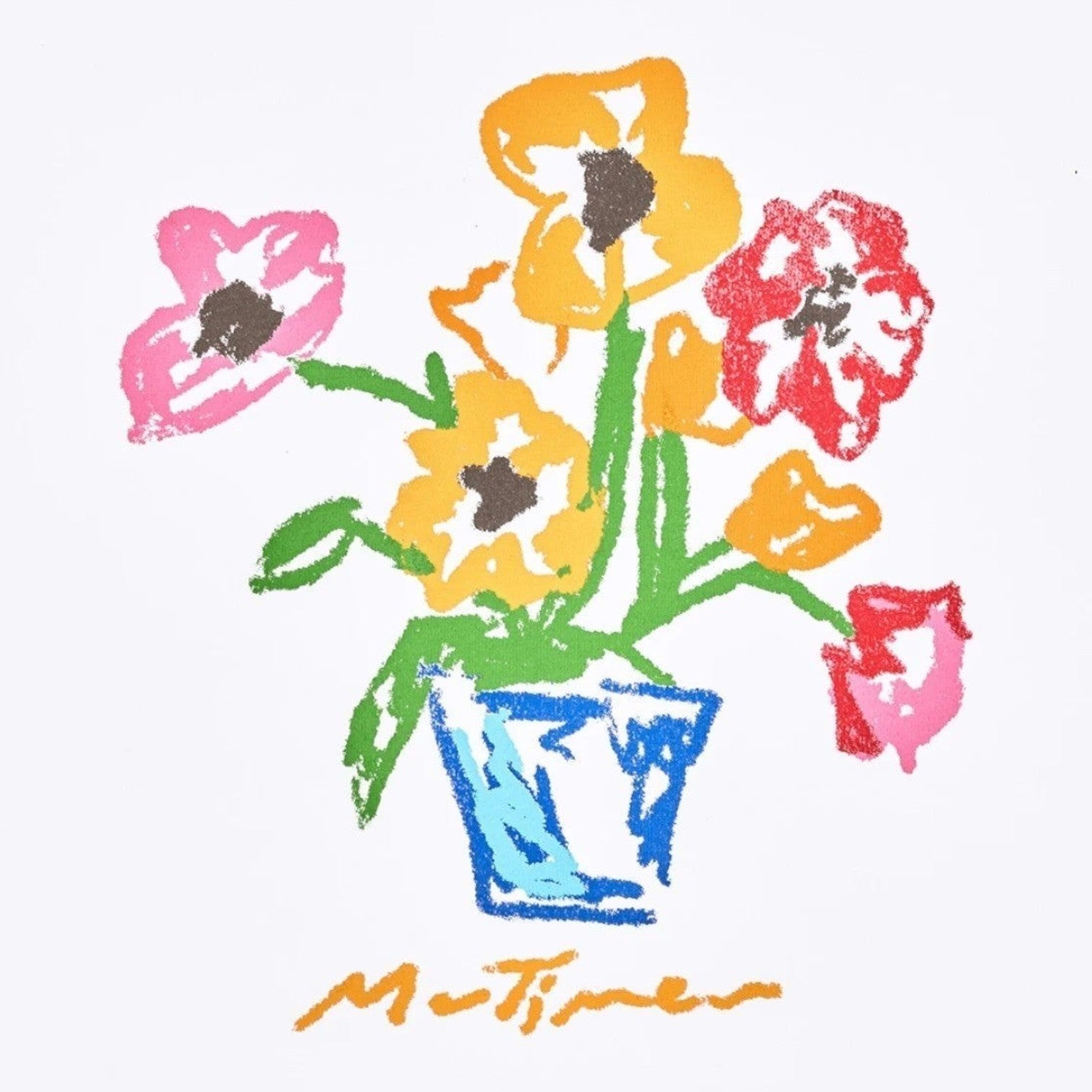 OFFCODE.USA Still Life T-Shirt featuring a colorful, abstract floral print in a blue vase. Artwork by M. Tiner.