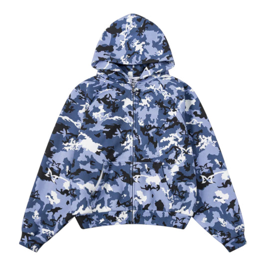 OFFCODE.USA Terrain Hood blue camouflage zip-up hoodie with front pockets and hood.