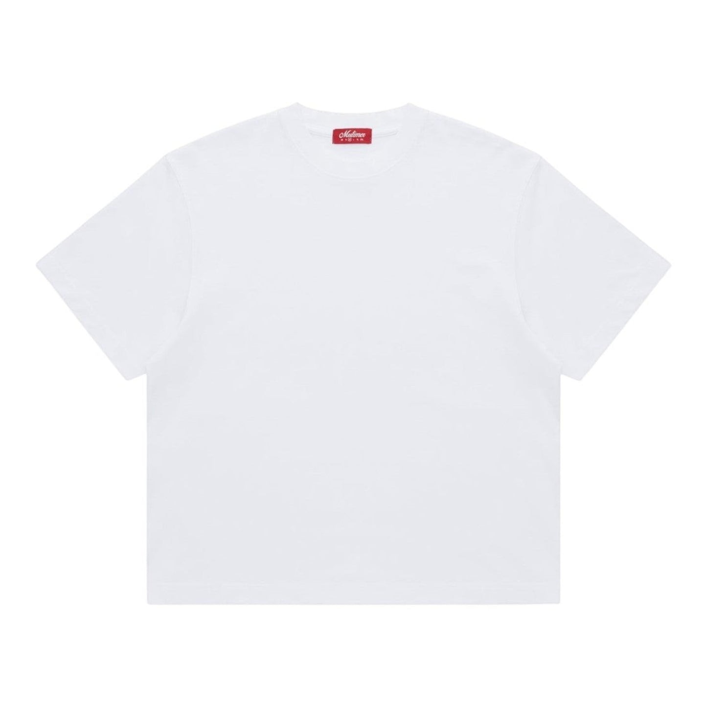 OFFCODE.USA white crewneck t-shirt made of cotton with a red tag detail on the neck.