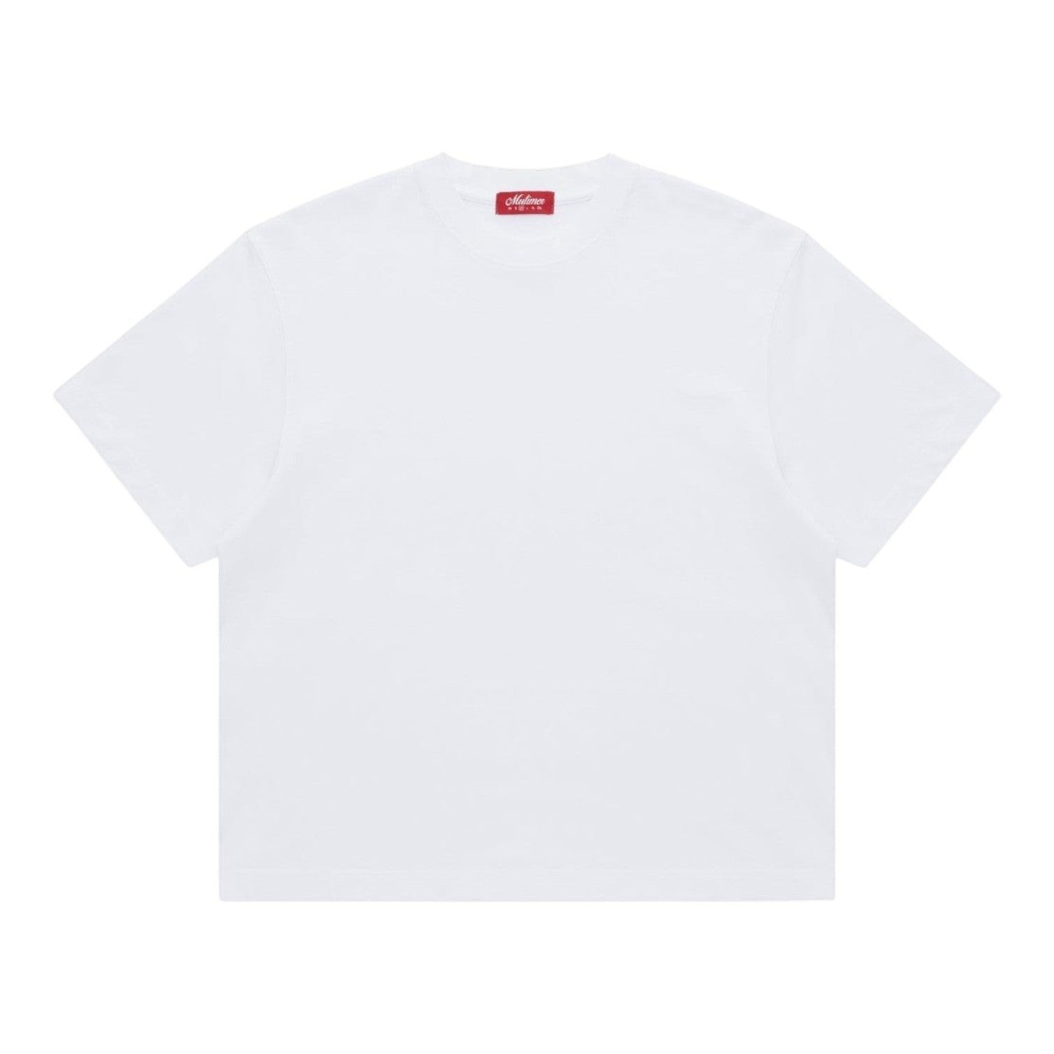 OFFCODE.USA white crewneck t-shirt made of cotton with a red tag detail on the neck.