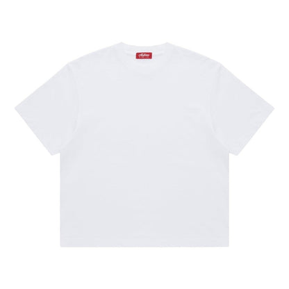 OFFCODE.USA white crewneck t-shirt made of cotton with a red tag detail on the neck.