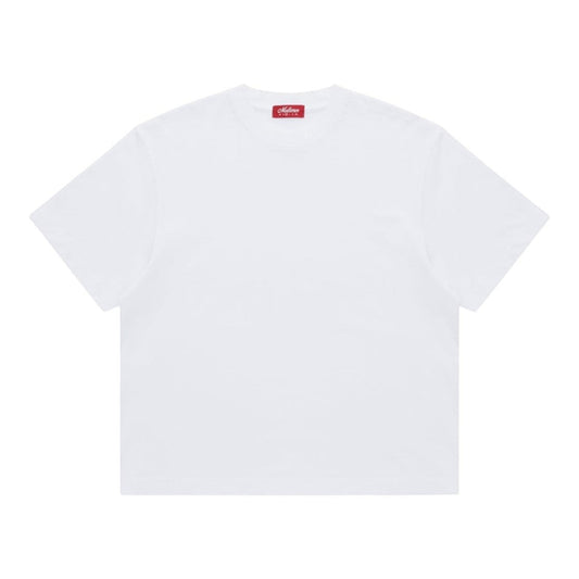 OFFCODE.USA white crewneck t-shirt made of cotton with a red tag detail on the neck.