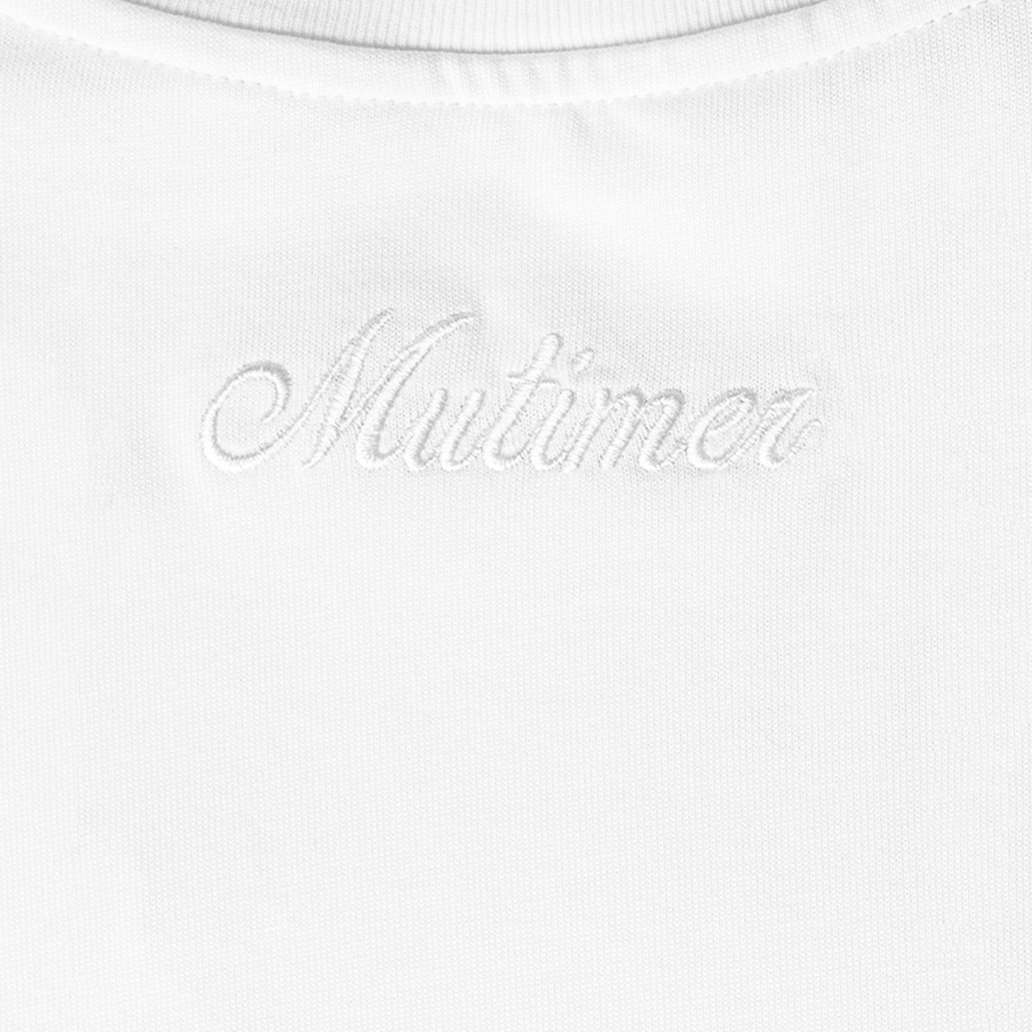 OFFCODE.USA white cotton t-shirt with embroidered 'Mutimer' logo on the chest.