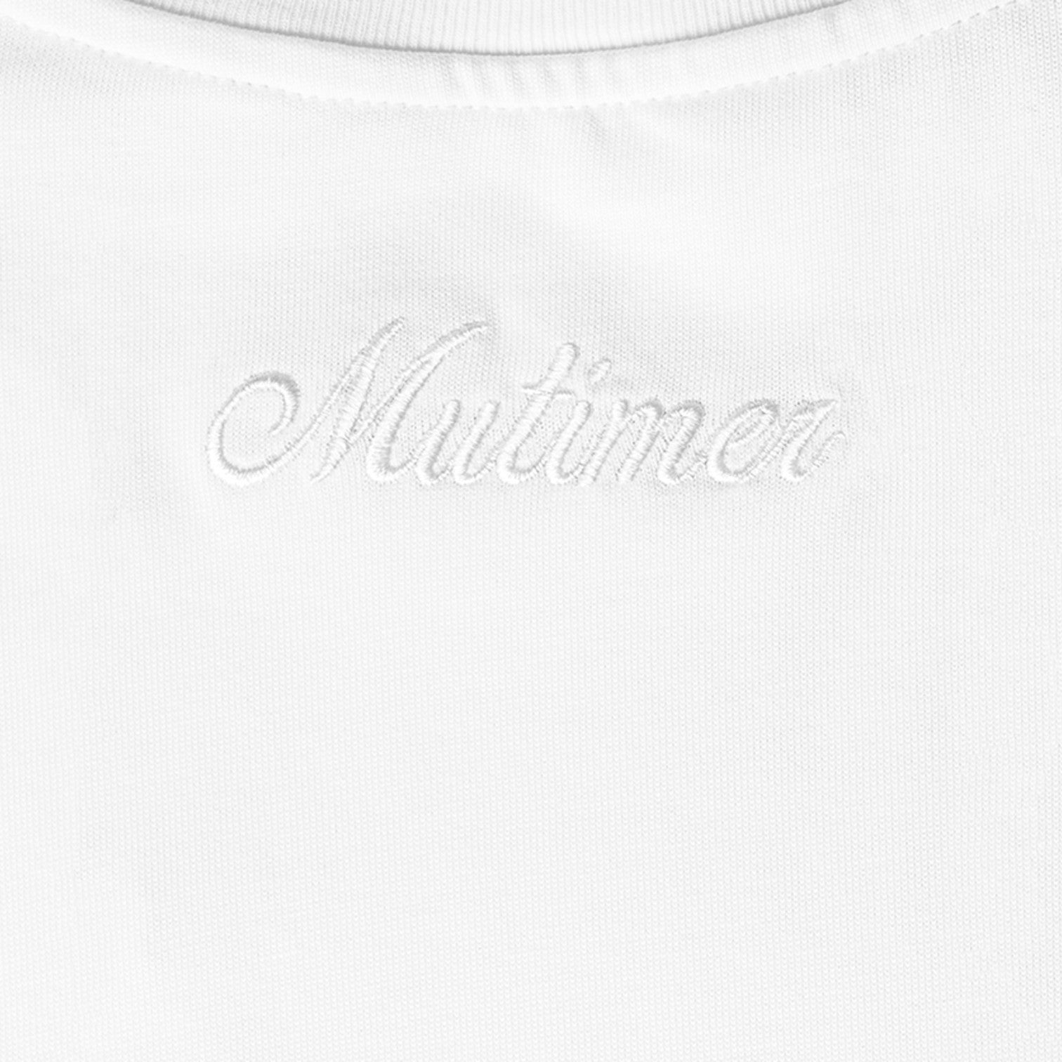 OFFCODE.USA white cotton t-shirt with embroidered 'Mutimer' logo on the chest.