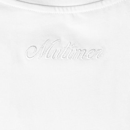 OFFCODE.USA white cotton t-shirt with embroidered 'Mutimer' logo on the chest.