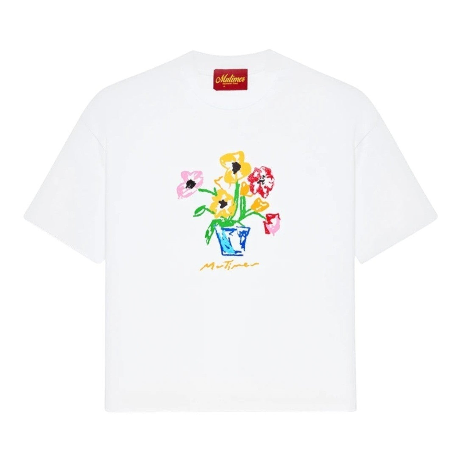 OFFCODE.USA white cotton t-shirt with a colourful abstract floral still life print and a blue vase.