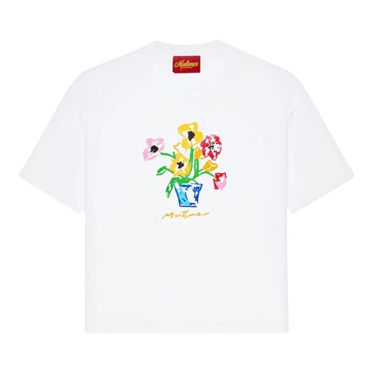 OFFCODE.USA white cotton t-shirt with a colourful abstract floral still life print and a blue vase.