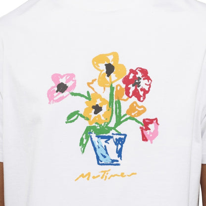 OFFCODE.USA white cotton t-shirt with a colourful abstract floral still life print and signature.