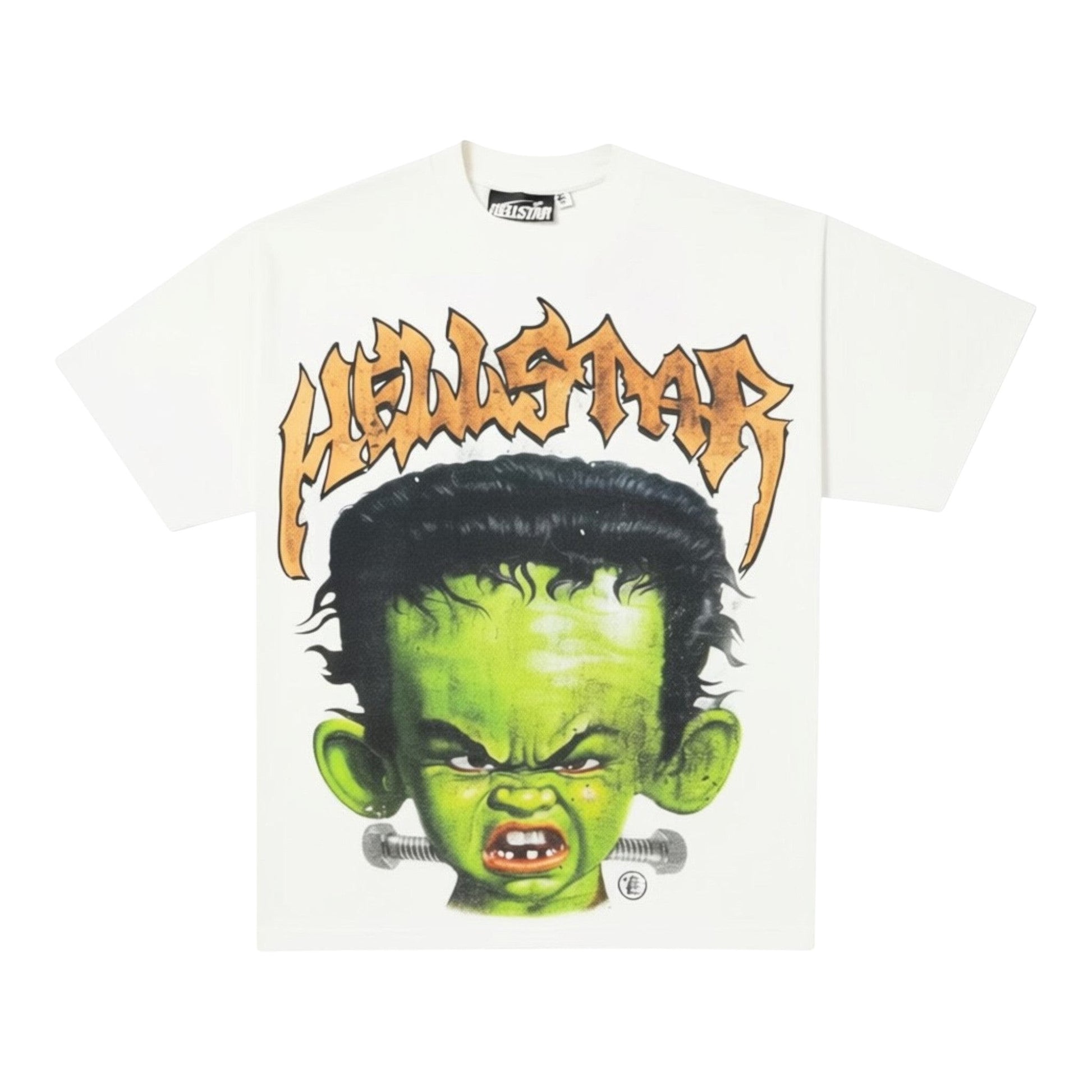 OFFCODE.USA white short-sleeve t-shirt with a graphic print of a cartoon Frankenstein's monster head with the word HELLSTAR above it.