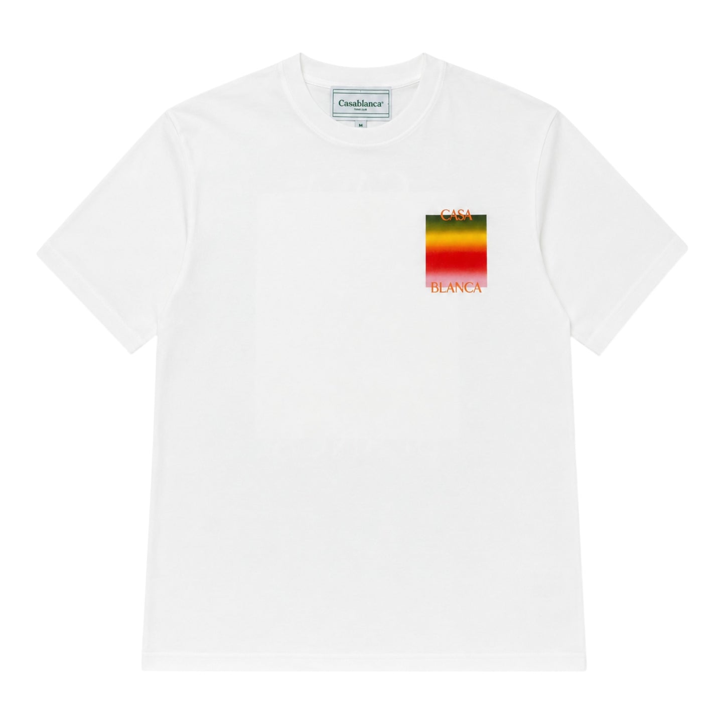 OFFCODE.USA white short sleeve t-shirt with a gradient logo on the chest featuring the words CASA BLANCA.