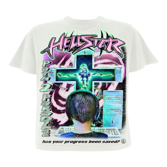 OFFCODE.USA white 100% cotton short-sleeved t-shirt with a graphic print featuring a person wearing headphones looking at a computer, a cross with a figure, and text.