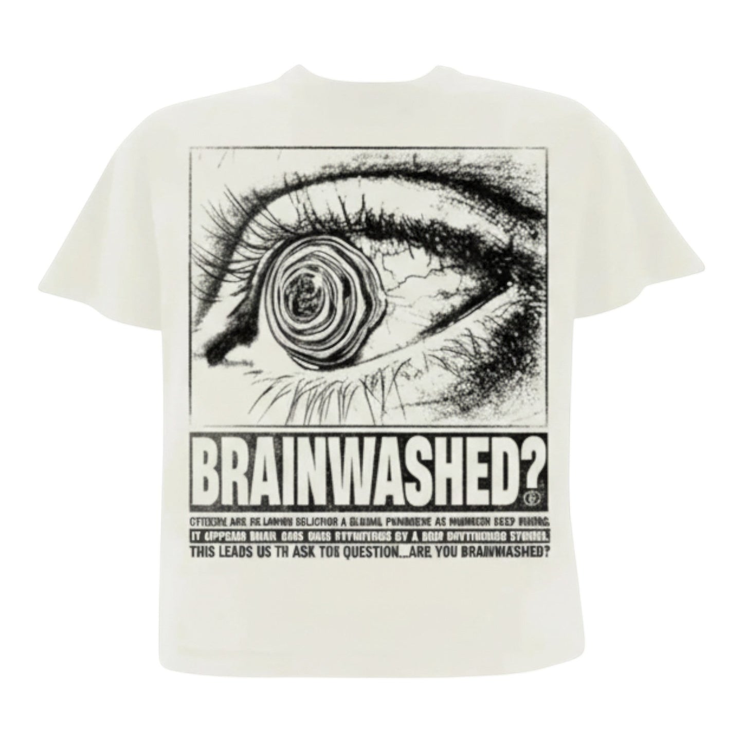 OFFCODE.USA white cotton t-shirt with a black graphic print of a distorted eye and the text "BRAINWASHED?"