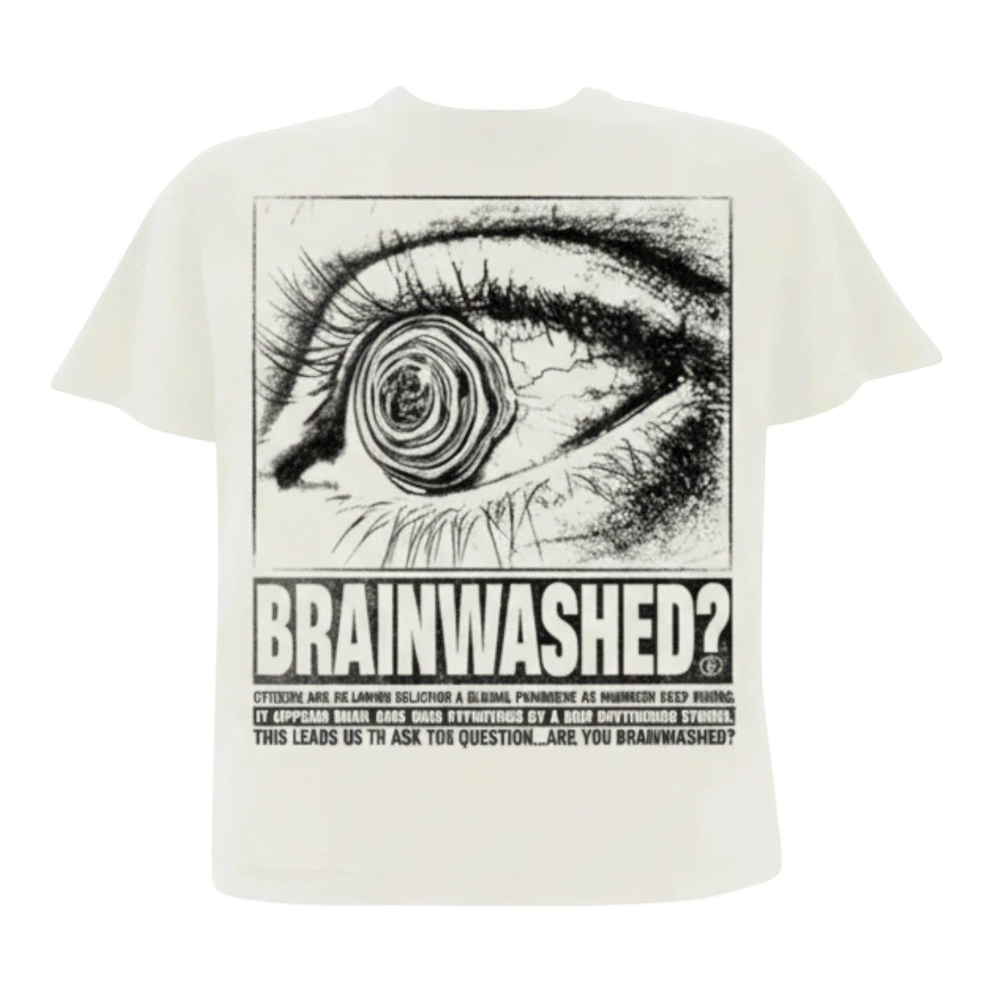 OFFCODE.USA white cotton t-shirt with a black graphic print of a distorted eye and the text "BRAINWASHED?"