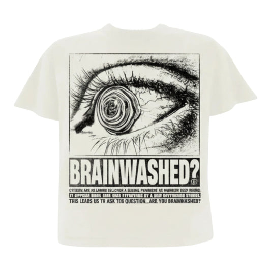 OFFCODE.USA white cotton t-shirt with a black graphic print of a distorted eye and the text "BRAINWASHED?"