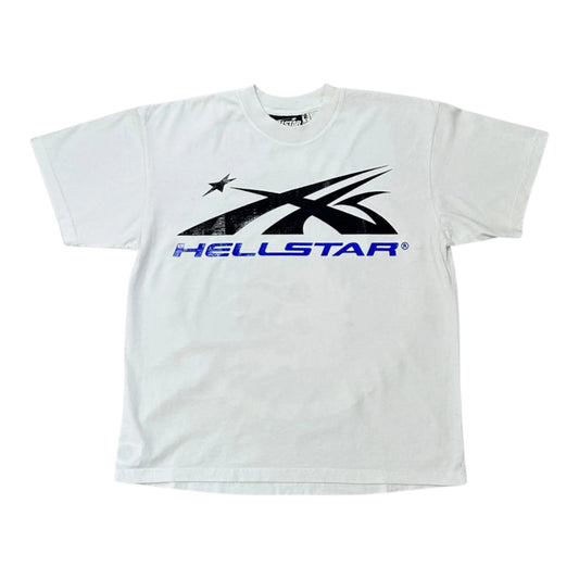 OFFCODE.USA white short-sleeved t-shirt with a black and blue graffiti-style Hellstar logo print on the front.