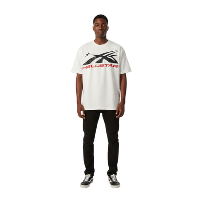 OFFCODE.USA white 100% cotton loose-fit crew neck t-shirt with distressed Hellstar graphic print.