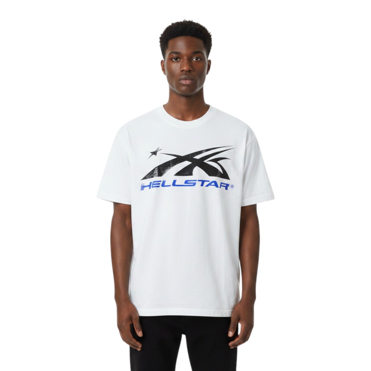 OFFCODE.USA white short-sleeved t-shirt with a distressed black and blue "HELLSTAR" graphic print on the chest.