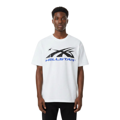 OFFCODE.USA white short-sleeved t-shirt with a distressed black and blue "HELLSTAR" graphic print on the chest.